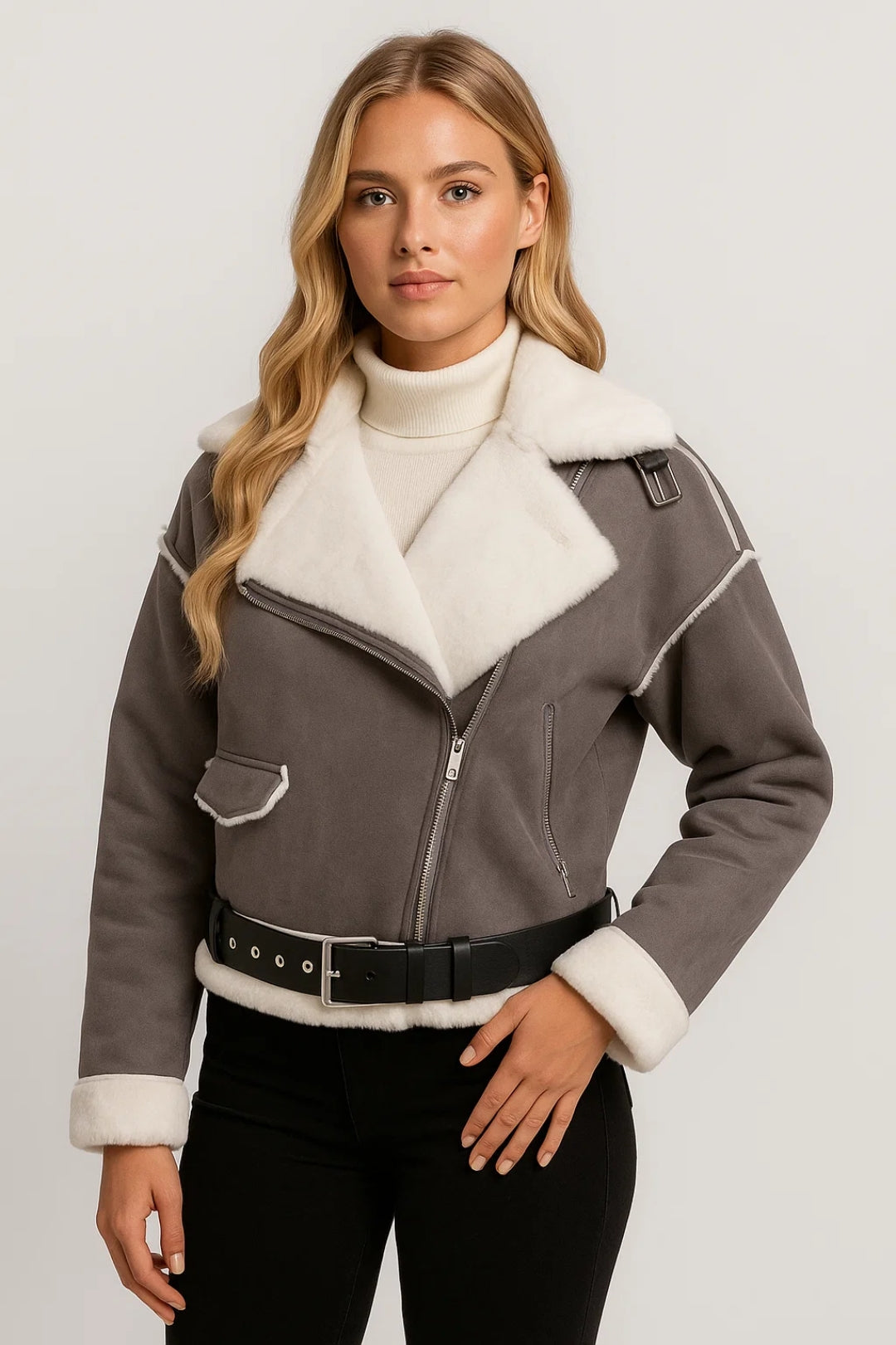 Chaqueta de Mujer Estilo Biker | Diseño Acolchado con Amplio Cuello Volteado | Cálida y Pesada