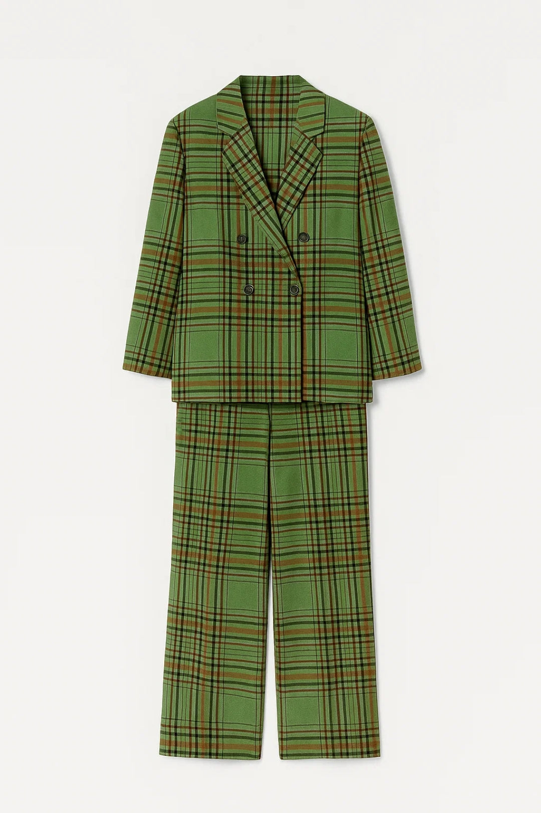 Traje a Cuadros | Blazer de Doble Botón | Pantalones Rectos de Cintura Alta