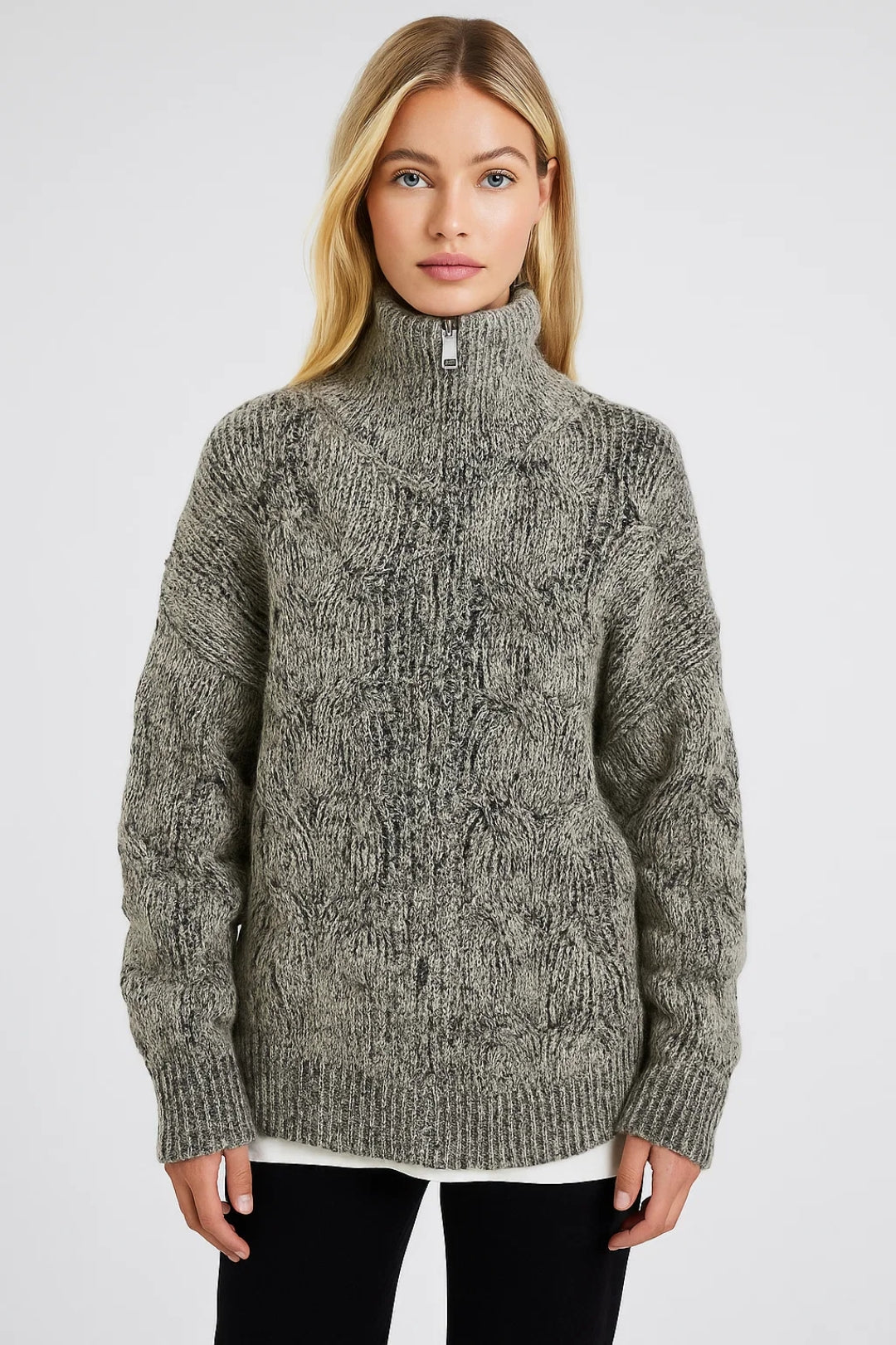 Suéter de punto grueso para mujeres | Ajuste relajado con cuello de cremallera | Cálido y cómodo