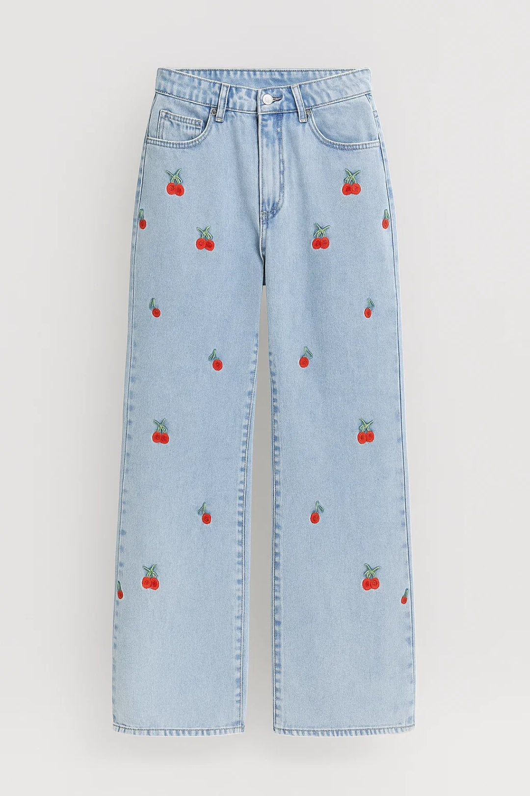 Pantalones Vaqueros de Pierna Ancha | Pantalones Juguetones con Estampado de Cereza | Cintura Alta