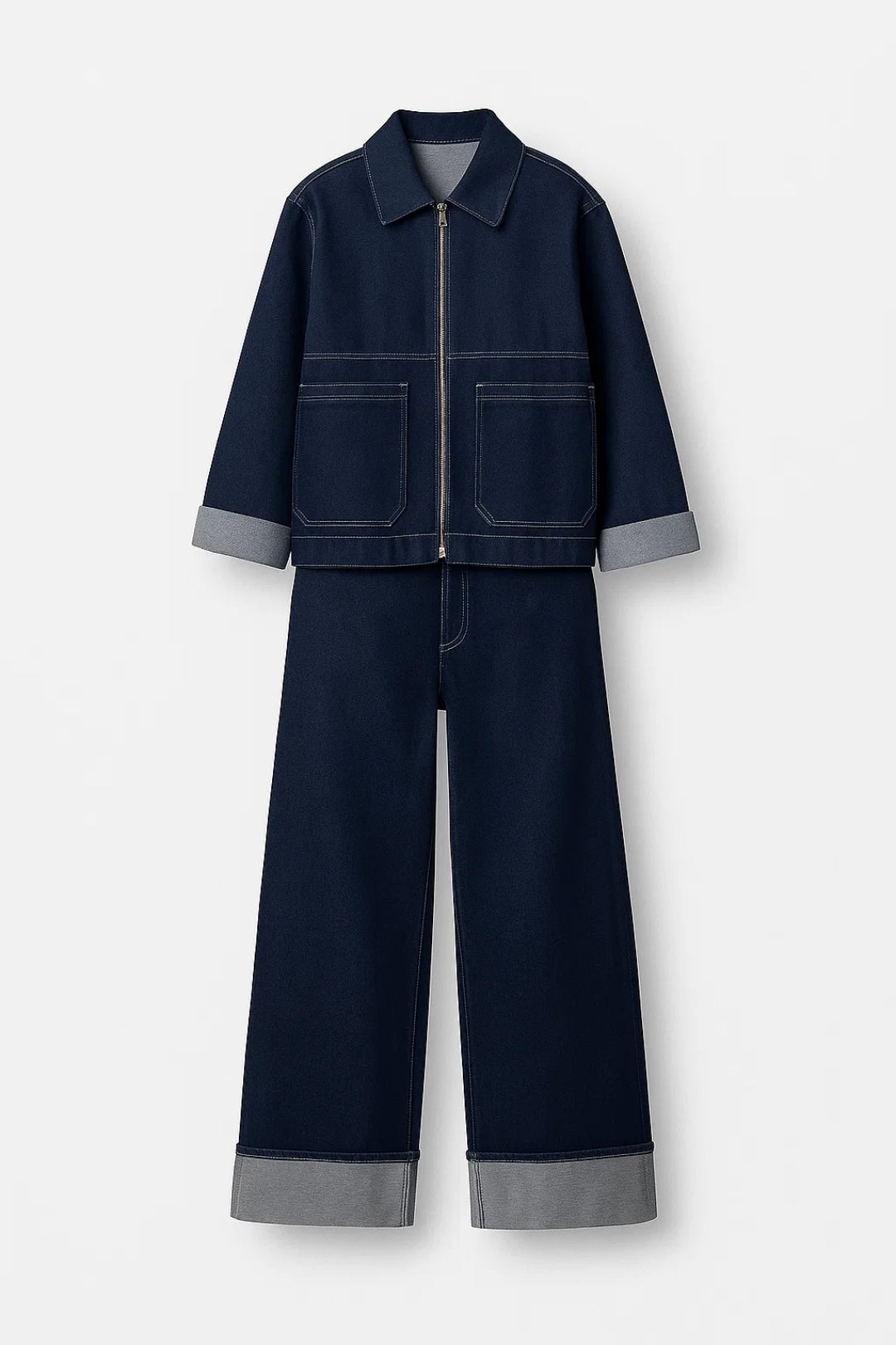 Conjunto de Denim | Chaqueta Boxy con Cremallera | Pantalones Rectos con Dobladillo Doblado