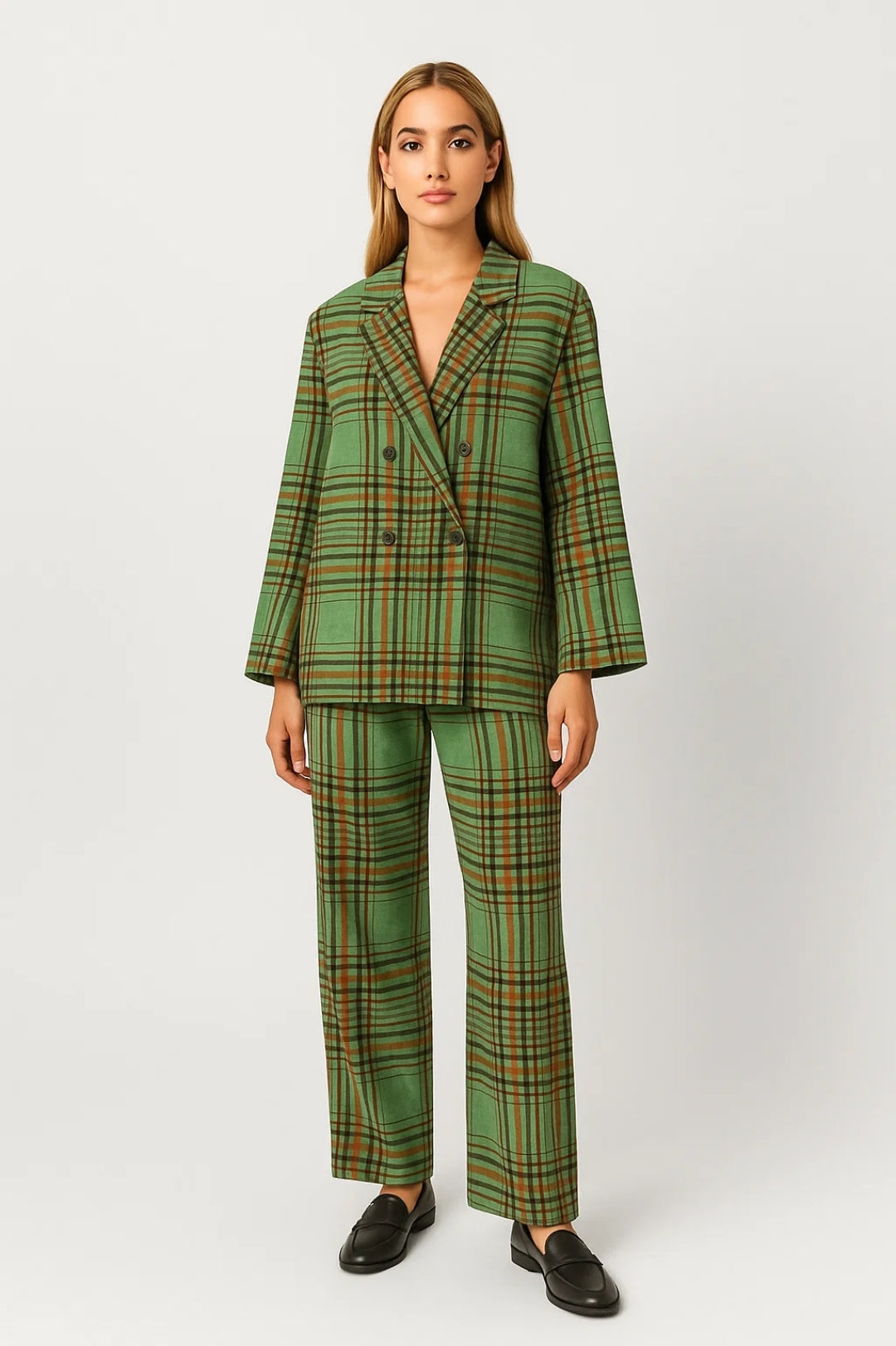 Traje a Cuadros | Blazer de Doble Botón | Pantalones Rectos de Cintura Alta