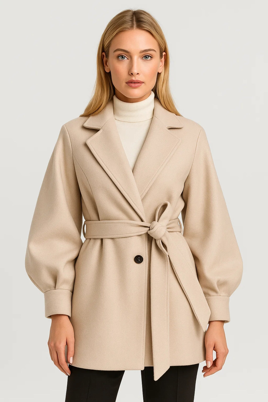 Chaqueta Detallada para Mujeres | Cinturón & Mangas Abullonadas | Estilo Otoñal Elegante