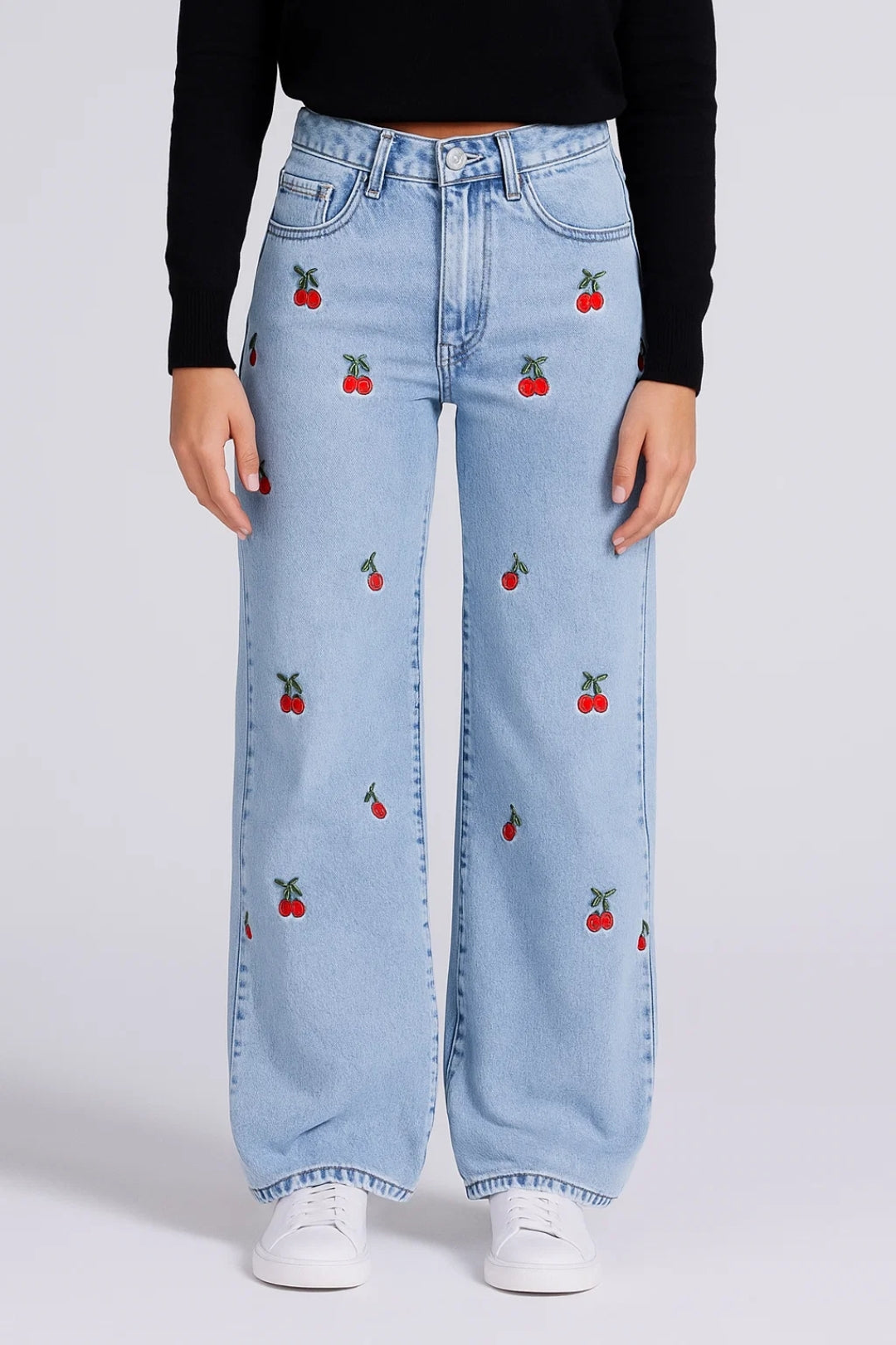 Pantalones Vaqueros de Pierna Ancha | Pantalones Juguetones con Estampado de Cereza | Cintura Alta