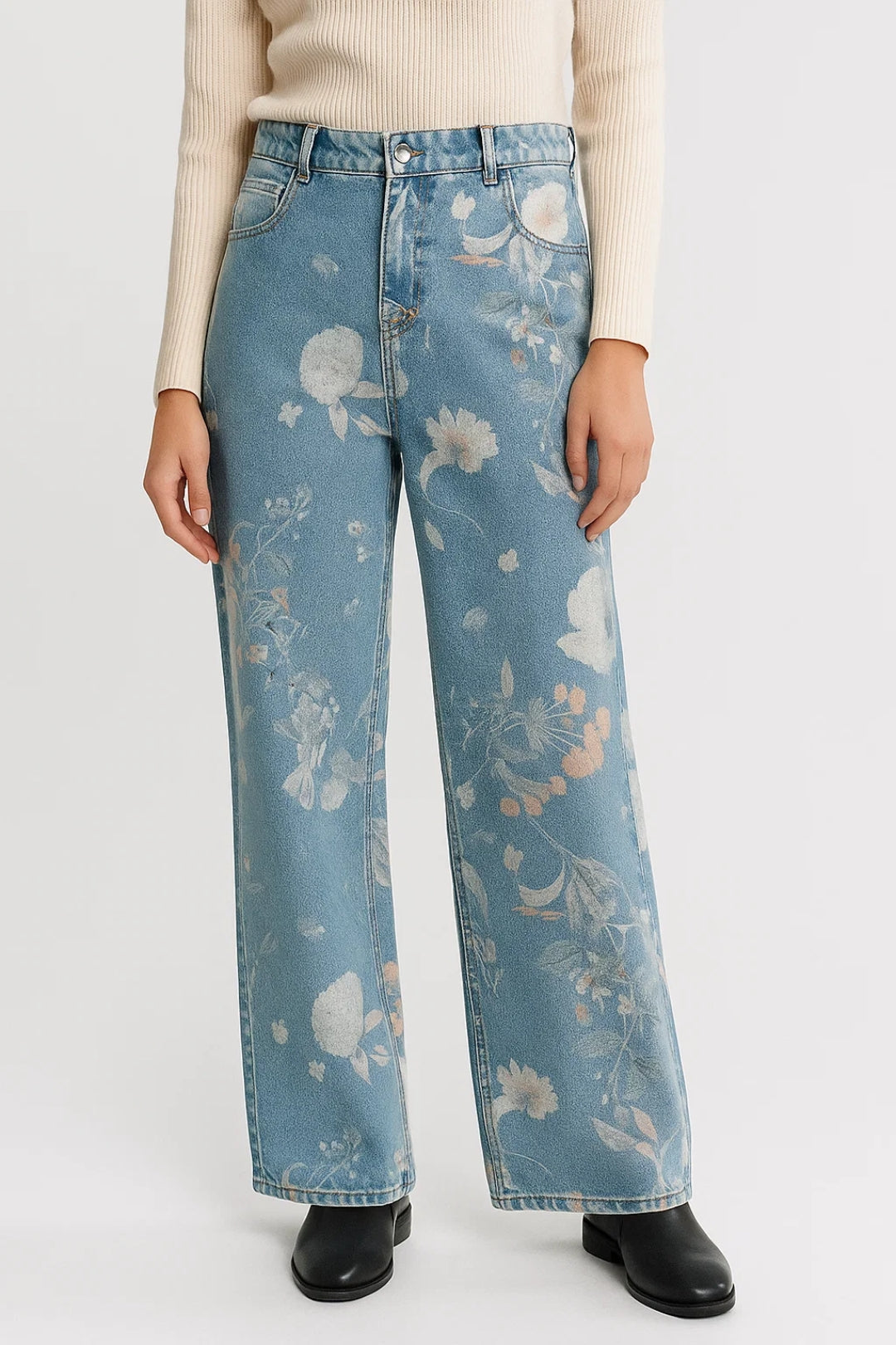 Pantalones Vaqueros Sueltos para Mujer | Estampado de Flores y Cintura Alta | Cómodos y Elegantes