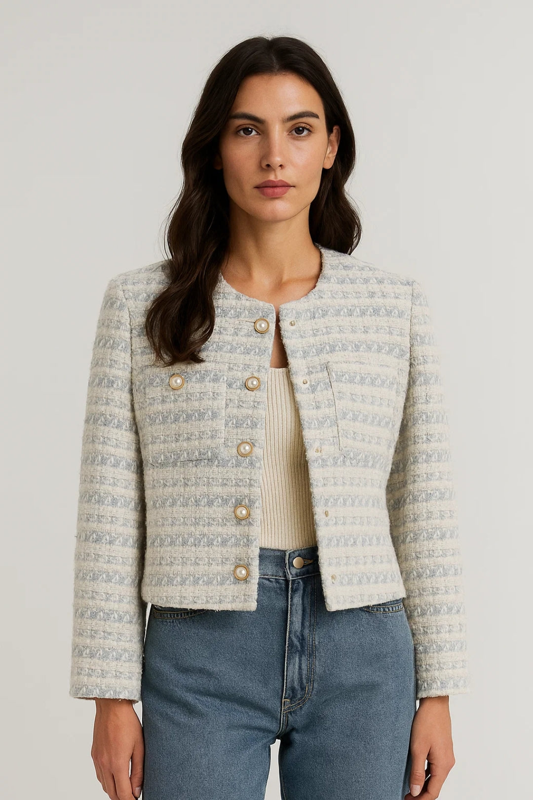 Colección de Chaquetas Bouclé | Chaqueta de Mujer con Cierre de Botones Perla y Estructura Lujosa | Ligera y Transpirable